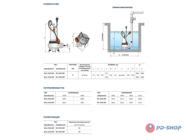 Насос фекальный Pedrollo BC10/50-MF кабель 10м